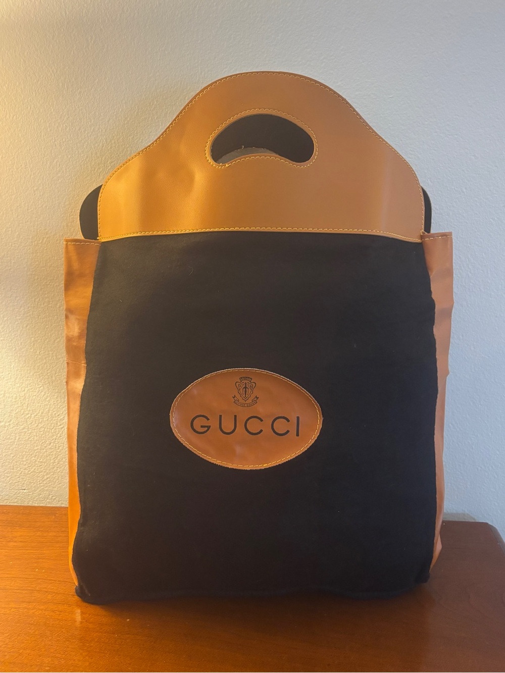 Gucci Vintage 1970s Black Wool Shopping Tote Bag w/ Orange Leather Trim